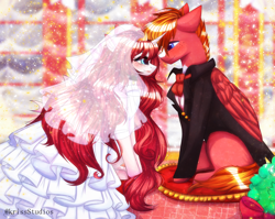 Size: 4000x3179 | Tagged: safe, artist:krissstudios, imported from derpibooru, oc, oc only, oc:nitro light, oc:nokori, oc:nokori light, alicorn, pegasus, pony, alicorn oc, clothes, dress, female, horn, male, mare, marriage, pegasus oc, stallion, suit, wedding, wedding dress, wings