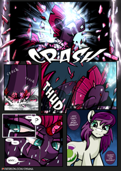 Size: 2480x3508 | Tagged: safe, artist:dsana, imported from derpibooru, fizzlepop berrytwist, tempest shadow, oc, oc:thistledown, earth pony, pony, unicorn, comic:a storm's lullaby, broken horn, comic, crying, female, high res, horn, mare, scar