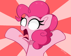 Size: 4463x3507 | Tagged: safe, artist:kittyrosie, imported from derpibooru, pinkie pie, earth pony, pony, 28 pranks later, cute, diapinkes, ear fluff, faic, open mouth, panic, scene interpretation, screaming, solo, sunburst background, tongue out