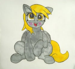 Size: 2224x2043 | Tagged: safe, artist:ingolf arts, imported from derpibooru, derpy hooves, earth pony, pegasus, pony, cute, female, hair, high res, looking at you, mare, open mouth, open smile, simple background, sitting, smiling, solo, traditional art, wings