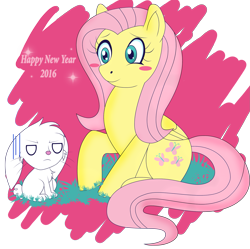 Size: 1757x1752 | Tagged: safe, artist:chibi-n92, imported from derpibooru, angel bunny, fluttershy, pegasus, pony, rabbit, 2015, animal, blush sticker, blushing, duo, eyelashes, female, mare, raised hoof, simple background, smiling, transparent background, white eyes, wings