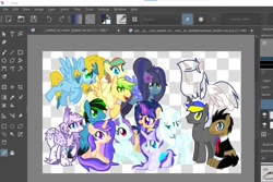 Size: 1476x987 | Tagged: safe, artist:goldlines005, imported from derpibooru, oc, oc only, earth pony, pegasus, pony, unicorn, clothes, earth pony oc, female, group, horn, male, mare, pegasus oc, stallion, unicorn oc, wings, wip
