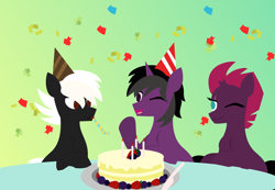 Size: 5838x4048 | Tagged: safe, artist:samsailz, imported from derpibooru, tempest shadow, oc, unicorn, birthday, cake, food, happy, noisemaker, party