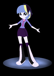 Size: 472x660 | Tagged: safe, artist:aonairfaol, imported from derpibooru, oc, oc only, oc:horizon guard, equestria girls, base used, black background, boots, clothes, female, high heel boots, necktie, offspring, parent:flash sentry, parent:twilight sparkle, parents:flashlight, rubber boots, shoes, simple background, sock, solo