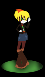 Size: 413x713 | Tagged: safe, artist:aonairfaol, imported from derpibooru, oc, oc only, oc:cameo jinx, equestria girls, base used, black background, boots, clothes, female, high heel boots, offspring, parent:applejack, parent:trouble shoes, parents:troublejack, rubber boots, shoes, simple background, solo