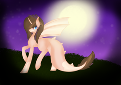 Size: 2442x1722 | Tagged: safe, artist:aonairfaol, imported from derpibooru, oc, oc only, dracony, dragon, hybrid, pony, full moon, moon, night, raised hoof, solo, stars