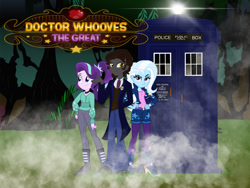 Size: 1280x960 | Tagged: safe, artist:orin331, artist:vanossfan10, imported from derpibooru, doctor whooves, starlight glimmer, time turner, trixie, human, equestria girls, doctor who, doctor whooves the great, everfree forest, humanized, tardis, time travel glimmer