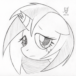 Size: 450x450 | Tagged: safe, artist:srmario, imported from derpibooru, oc, oc only, oc:doctiry, pony, unicorn, broken horn, eyelashes, female, grayscale, horn, mare, monochrome, sad, solo, traditional art, unicorn oc