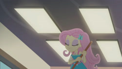 Size: 3410x1920 | Tagged: safe, imported from derpibooru, screencap, fluttershy, equestria girls, equestria girls series, so much more to me, broom, eyes closed, female, geode of fauna, hairpin, jewelry, magical geodes, necklace, smiling, solo