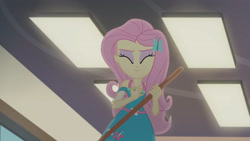 Size: 3410x1920 | Tagged: safe, imported from derpibooru, screencap, fluttershy, equestria girls, equestria girls series, so much more to me, broom, eyes closed, female, geode of fauna, hairpin, jewelry, magical geodes, necklace, smiling, solo