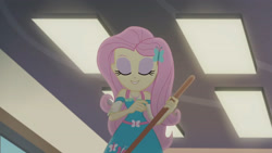 Size: 3410x1920 | Tagged: safe, imported from derpibooru, screencap, fluttershy, equestria girls, equestria girls series, so much more to me, broom, eyes closed, female, geode of fauna, hairpin, jewelry, magical geodes, necklace, smiling, solo