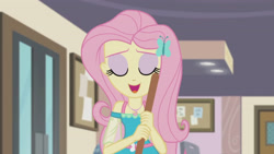 Size: 3410x1920 | Tagged: safe, imported from derpibooru, screencap, fluttershy, equestria girls, equestria girls series, so much more to me, broom, eyes closed, female, geode of fauna, hairpin, jewelry, magical geodes, necklace, open mouth, smiling, solo