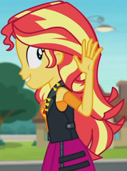 Size: 1920x2577 | Tagged: safe, imported from derpibooru, screencap, sunset shimmer, equestria girls, equestria girls series, so much more to me, clothes, cropped, cutie mark, cutie mark on clothes, female, geode of empathy, jacket, jewelry, leather, leather jacket, leather vest, magical geodes, necklace, shoulderless shirt, shrunken pupils, skirt, smiling, solo, spikes, vest, waving