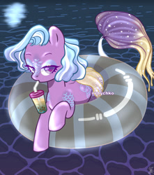 Size: 1280x1451 | Tagged: safe, artist:monster--teeth, imported from derpibooru, floater, oc, oc only, merpony, seapony (g4), blue mane, bubble, colored pupils, drinking, drinking straw, eyelashes, female, fish tail, floaty, inner tube, lidded eyes, looking at you, mermaid tail, moon, moonlight, ocean, purple eyes, reflection, signature, solo, tail, water