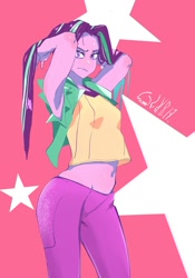 Size: 1400x2000 | Tagged: safe, artist:sozglitch, imported from derpibooru, aria blaze, equestria girls, belly button, clothes, disguise, disguised siren, female, jacket, jeans, looking at you, midriff, pants, pigtails, shirt, sleeveless, solo, stretching, twintails