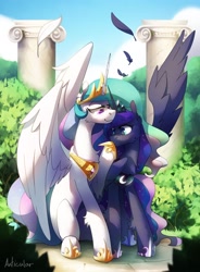 Size: 2480x3366 | Tagged: safe, artist:anticular, imported from derpibooru, princess celestia, princess luna, alicorn, pony, bedroom eyes, blue mane, boop, cloud, coloring book, cover art, crown, duo, ethereal mane, eyelashes, feather, female, flowing mane, green eyes, high res, hoof shoes, horn, jewelry, kickstarter, lidded eyes, long neck, pink eyes, regalia, royal sisters, siblings, signature, sisters, sitting, sky, smiling, spread wings, starry mane, tree, wings