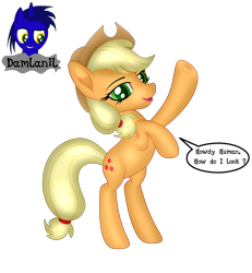 Size: 3840x4154 | Tagged: safe, alternate version, artist:damlanil, imported from derpibooru, applejack, earth pony, pony, applejack's hat, comic, cowboy hat, cute, female, frog (hoof), happy, hat, jackabetes, looking at you, mare, open mouth, raised hoof, shine, shiny mane, simple background, smiling, solo, speech bubble, talking to viewer, text, transparent background, underhoof, vector