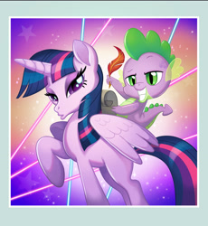 Size: 3375x3667 | Tagged: safe, artist:angela an, imported from derpibooru, spike, twilight sparkle, alicorn, pony, my little pony: the movie, abstract background, concept art, duckface, female, high res, male, mare, missing cutie mark, quill, twilight sparkle (alicorn)