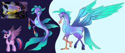 Size: 4544x1926 | Tagged: safe, artist:angela an, imported from derpibooru, twilight sparkle, alicorn, fish, hippogriff, pony, seapony (g4), my little pony: the movie, beak, blue eyes, claws, concept art, feather, female, fin wings, fins, fish tail, horn, looking at you, mare, purple eyes, smiling, spread wings, tail, twilight sparkle (alicorn), wings