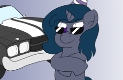 Size: 3509x2302 | Tagged: safe, artist:sparkfler85, derpibooru exclusive, imported from derpibooru, oc, oc only, oc:n0kkun, pony, unicorn, birthday, car, chevrolet, chevrolet chevelle, female, hat, high res, mare, party hat, simple background, sunglasses