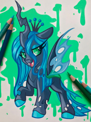 Size: 2661x3563 | Tagged: safe, artist:breioom, artist:breloomsgarden, artist:emberslament, imported from derpibooru, queen chrysalis, changeling, changeling queen, collaboration, colored pencil drawing, colored pencils, crown, fangs, female, high res, jewelry, open mouth, photo, quadrupedal, regalia, simple background, solo, traditional art, zoomorphic