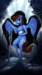 Size: 864x1536 | Tagged: safe, artist:calena, imported from derpibooru, oc, oc only, oc:pegasusgamer, anthro, pegasus, pony, semi-anthro, cape, clothes, solo, swamp, sword, weapon