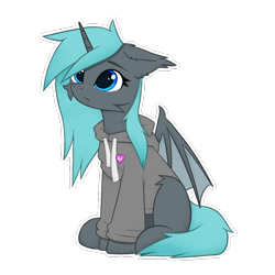 Size: 1024x1024 | Tagged: safe, artist:keupoz, imported from derpibooru, oc, oc only, oc:emerald marine, alicorn, bat pony, bat pony alicorn, bat wings, clothes, commission, hoodie, horn, simple background, sitting, transparent background, wings