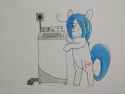 Size: 4000x3000 | Tagged: safe, artist:cherro, imported from derpibooru, oc, oc only, oc:mal, earth pony, pony, bipedal, solo, traditional art, washing machine