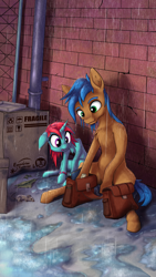 Size: 864x1536 | Tagged: safe, artist:calena, imported from derpibooru, oc, oc only, oc:dark steel, earth pony, rat, unicorn, bag, box, brick wall, earth pony oc, fanfic, female, filly, fragile, horn, pipe (plumbing), puddle, rain, saddle bag, unicorn oc