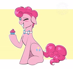 Size: 4096x3897 | Tagged: safe, artist:confetticakez, imported from derpibooru, pinkie pie, earth pony, pony, blushing, bowtie, bubble berry, cupcake, food, grin, looking at you, male, mouthpiece, one eye closed, pride, pride flag, rule 63, smiling, smiling at you, solo, trans male, transgender, transgender pride flag, wink