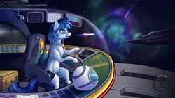 Size: 1536x864 | Tagged: safe, artist:calena, imported from derpibooru, oc, oc only, oc:soaring spirit, pegasus, pony, armor, coat markings, cockpit, facial markings, glasses, male, markings, multicolored hair, multicolored mane, nebula, pegasus oc, radar, raffle prize, solo, space, spaceship, spacesuit, stallion, stars, wing armor, wing brace, wings