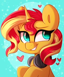 Size: 1693x2048 | Tagged: safe, artist:sakukitty, imported from derpibooru, sunset shimmer, pony, unicorn, equestria girls, bust, cute, female, headphones, heart, mare, shimmerbetes, smiling, solo