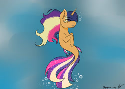 Size: 2912x2059 | Tagged: safe, artist:pegasus3265, imported from derpibooru, oc, oc only, merpony, pony, seapony (g4), unicorn, blue background, bubble, deviantart watermark, dorsal fin, eyes closed, fish tail, flowing mane, flowing tail, high res, horn, multicolored hair, obtrusive watermark, ocean, seaponified, simple background, smiling, solo, species swap, tail, teeth, underwater, water, watermark