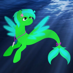 Size: 883x883 | Tagged: safe, artist:mekeila13, imported from derpibooru, oc, oc only, pegasus, pony, seapony (g4), crepuscular rays, dark, fin wings, fish tail, flowing tail, jewelry, looking up, necklace, ocean, photo, seaponified, solo, species swap, spread wings, sunlight, tail, underwater, water, wings