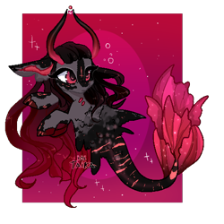 Size: 512x512 | Tagged: safe, artist:kikkapone, imported from derpibooru, oc, oc only, hybrid, merpony, seapony (g4), adoptable, bubble, dorsal fin, fish tail, flowing mane, flowing tail, horns, mermaid tail, red background, red eyes, red mane, simple background, solo, sparkles, tail