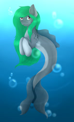 Size: 1914x3132 | Tagged: safe, artist:galaxyember, imported from derpibooru, oc, oc only, merpony, seapony (g4), bubble, crepuscular rays, dorsal fin, fish tail, flowing mane, flowing tail, green mane, looking at you, ocean, red eyes, signature, smiling, solo, sunlight, tail, underwater, water