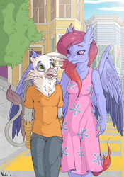 Size: 2104x3000 | Tagged: safe, artist:neko-me, imported from derpibooru, imported from ponybooru, oc, oc only, oc:blake, oc:kelsie, anthro, griffon, hippogriff, blushing, building, commission, couple, crosswalk, female, griffon oc, high res, hippogriff oc, interspecies, male, oc x oc, shipping, straight, tree, walking, wings