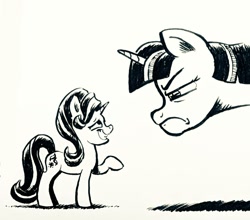 Size: 1024x903 | Tagged: safe, artist:mellodillo, imported from derpibooru, starlight glimmer, twilight sparkle, alicorn, pony, unicorn, black and white, female, frown, grayscale, grin, height difference, looking at each other, mare, micro, monochrome, nervous, nervous grin, sheepish grin, simple background, size difference, smiling, twilight is not amused, twilight sparkle (alicorn), twilight sparkle is not amused, unamused, white background