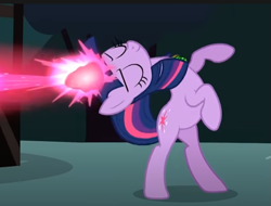 Size: 717x544 | Tagged: safe, imported from derpibooru, screencap, twilight sparkle, pony, unicorn, magic duel, season 3, bipedal, blast, cropped, eyes closed, glowing horn, horn, magic, magic blast, pose, showing off, smiling, solo, unicorn twilight