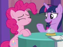 Size: 1259x936 | Tagged: safe, imported from derpibooru, screencap, pinkie pie, twilight sparkle, alicorn, earth pony, pony, a trivial pursuit, season 9, spoiler:s09, bell, cropped, cute, diapinkes, duo, duo female, eyes closed, female, mare, twiabetes, twilight sparkle (alicorn)