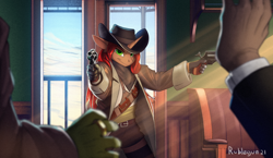 Size: 2840x1642 | Tagged: safe, artist:rublegun, imported from derpibooru, oc, oc only, anthro, unicorn, bar, clothes, commission, crepuscular rays, gloves, green eyes, gun, high res, indoors, offscreen character, pants, suit, weapon, wild west