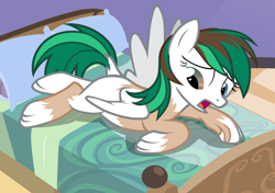 Size: 1092x767 | Tagged: safe, artist:anonymous, imported from ponybooru, oc, oc only, oc:zephyr, pegasus, bed, dock, female, fusing fingers, heterochromia, human to pony, mare, nudity, on bed, prone, species swap, spread wings, transformation, transgender transformation, wings, worried