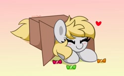 Size: 3412x2092 | Tagged: safe, artist:kittyrosie, imported from derpibooru, derpy hooves, pegasus, pony, blushing, box, candy, eyes closed, food, happy, pony in a box, smiling, solo