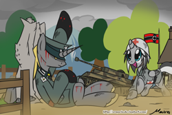 Size: 1240x826 | Tagged: safe, artist:srmario, imported from derpibooru, oc, oc:doctiry, oc:doom, alicorn, unicorn, alicorn oc, blood, female, flag, hat, helmet, horn, male, mare, outdoors, scar, signature, sitting, smiling, stallion, tank (vehicle), unicorn oc, unshorn fetlocks, war, wings