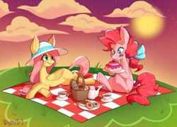 Size: 1280x920 | Tagged: safe, artist:reborn3580, imported from derpibooru, fluttershy, pinkie pie, earth pony, pegasus, pony, basket, bow, cake, cloud, crossed hooves, cup, duo, female, folded wings, food, friendshipping, grass, hair bow, hat, heart eyes, hoof hold, licking, licking lips, looking at someone, looking at something, lying down, mane bow, mare, outdoors, pastry, picnic, picnic basket, picnic blanket, plate, prone, sitting, smiling, sun hat, sunset, tea, teacup, teapot, tongue out, wingding eyes, wings