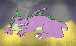 Size: 4776x2884 | Tagged: safe, artist:underwoodart, imported from derpibooru, spike, dragon, adult, adult spike, dragon hoard, gold, hoard, older, older spike, simple background, smoke, solo, updated