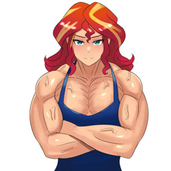 Size: 600x600 | Tagged: safe, artist:tzc, imported from derpibooru, sunset shimmer, human, equestria girls, biceps, blushing, buff, clothes, crossed arms, female, fetish, human coloration, humanized, looking at you, muscle fetish, muscles, muscular female, pecs, simple background, smiling, solo, sunset lifter, tanktop, vein, vein bulge, white background