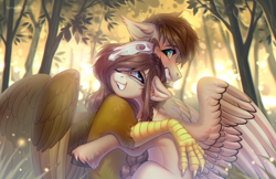 Size: 3400x2200 | Tagged: safe, artist:fenwaru, imported from derpibooru, oc, oc only, oc:ondrea, oc:swango, hippogriff, pegasus, pony, background, blushing, braid, bust, cute, face paint, feather, forest, freckles, high res, hug, icon, long hair, portrait, skull, smiling, snuggling, spread wings, swandrea, tall, thick, wings