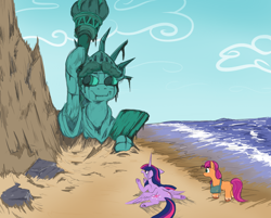 Size: 976x783 | Tagged: safe, artist:jargon scott, imported from derpibooru, sunny starscout, twilight sparkle, alicorn, earth pony, pony, beach, butt, crying, damn you all to hell!, duo, female, g4, g5, g5 collapse of equestria, manehattan, mare, missing cutie mark, parody, planet of the apes, plot, scene parody, statue, statue of friendship, statue of liberty, twilight sparkle (alicorn), you blew it up