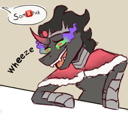 Size: 1100x1100 | Tagged: safe, artist:apatheticxaddict, imported from derpibooru, king sombra, semi-anthro, umbrum, unicorn, bruh, chest fluff, jewelry, male, meme, ponified meme, regalia, solo, stallion, wheeze, 🅱